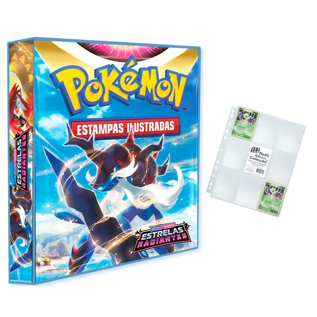 Álbum Pasta Fichário Pokemon com 10 Folhas YES 9 Bolsos Espada e Escudo Estrelas Radiantes Cards TCG
