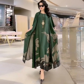Vestido De Seda Duas Peças Feminino Elegante Floral Tamanho Grande Casual Praia Vintage Longo Mãe 2023 Verão Nova Moda