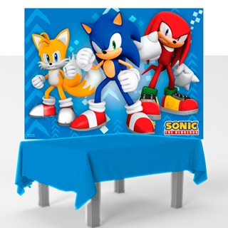 Kit festa Sonic Decoração Completa Toalha azul +Painel TNT