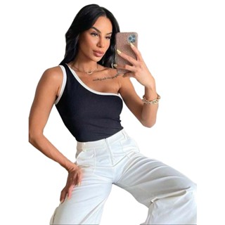 Body Feminino Regata Mula Manca Duas Cores Um Ombro Só Canelado Anarruga