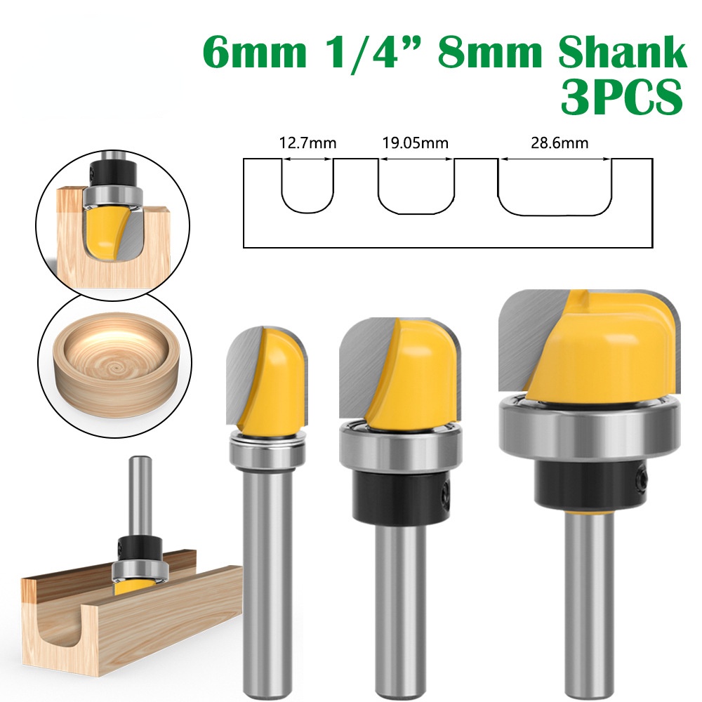 3Pcs 6mm 1/4'8mm Tigela De Haste E Bandeja De Gabarito Fresa De Corte De Brocas De Madeira