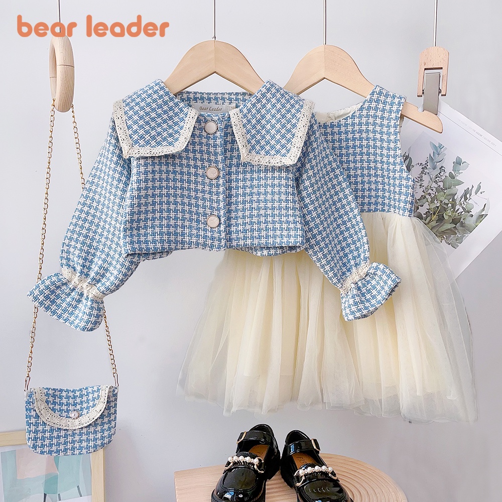 Conjunto De Roupas Para Meninas Líderes De Ursos 2-6 Anos Primavera Outono Colete De Malha Lisa + Casaco + Saco 3 Pcs De Festa Bebês