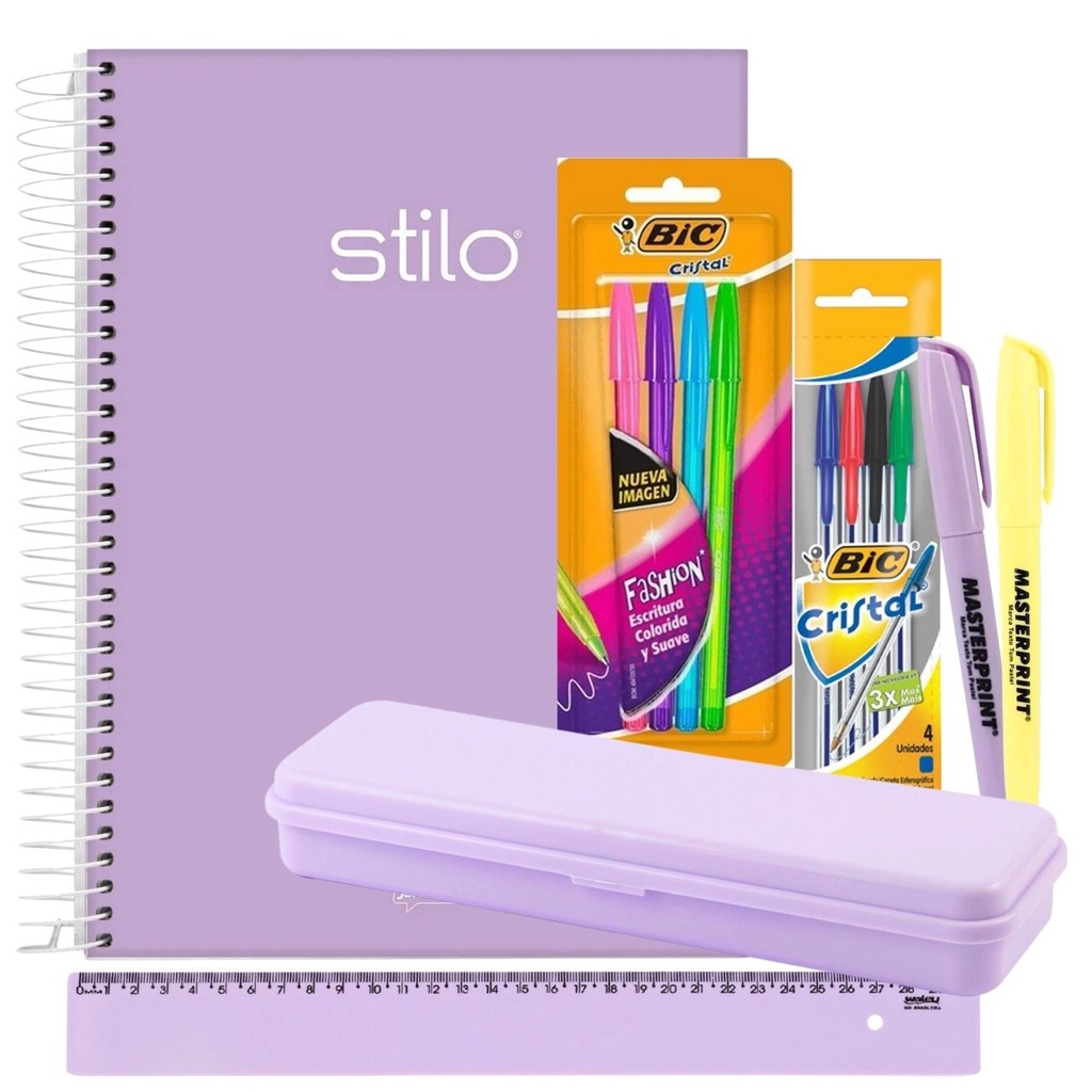 Caderno Espiral 10m Capa Dura 160 folhas Rosa ou Lilás Pastel + Kit Escolar 12pcs com Estojo Régua Marca Texto Canetas