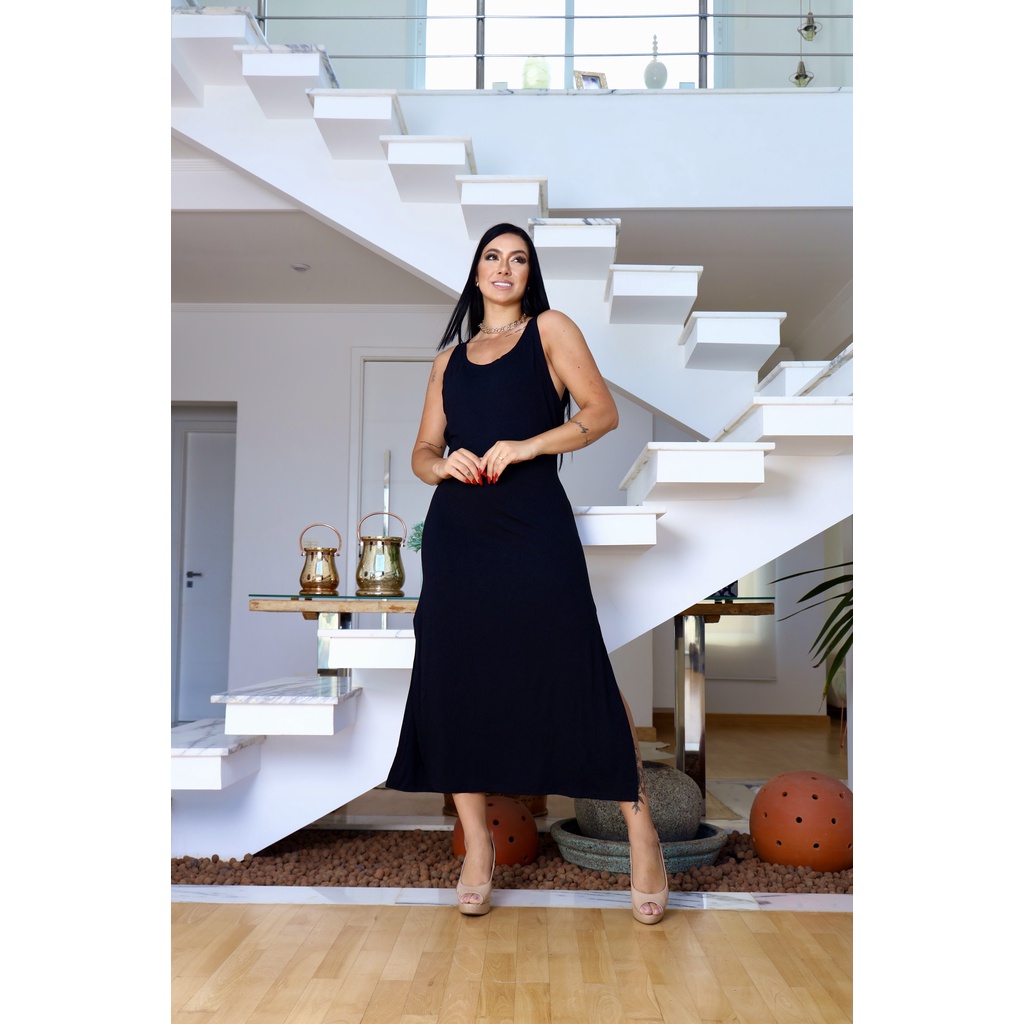 Vestido Longo Feminino Regata com Fenda Premium Moda Elegante
