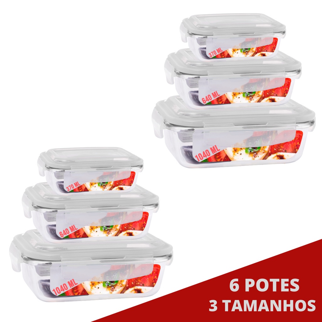Kit 6 Potes Vidro Tampa 2 De Cada Retangular 370 640 1040ml em Oferta na Shopee