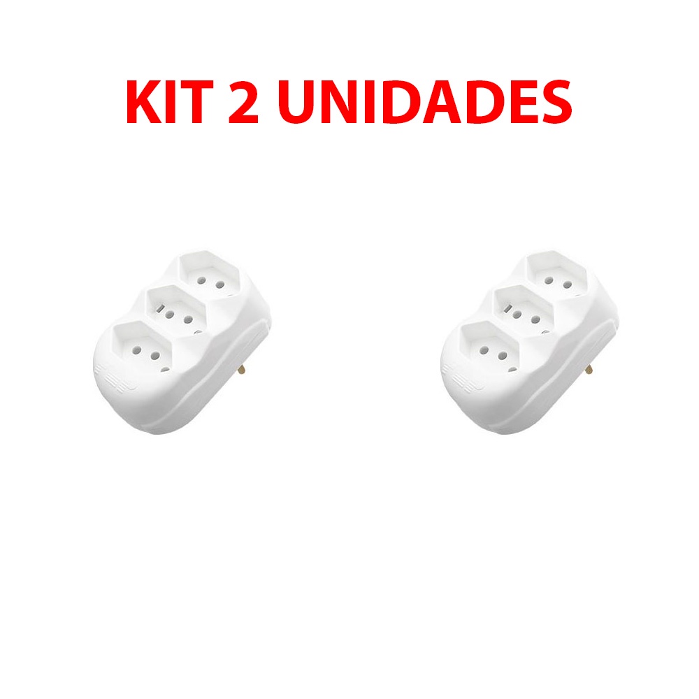 Kit 2 Benjamin Pino 3 Saídas 2 Pólos + Terra Adaptador Plugue Plug Branco Multiplicador de Tomadas