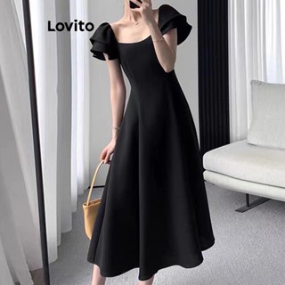 Lovito Vestido Simples com Babados para Mulheres LNE17111 (Preto)