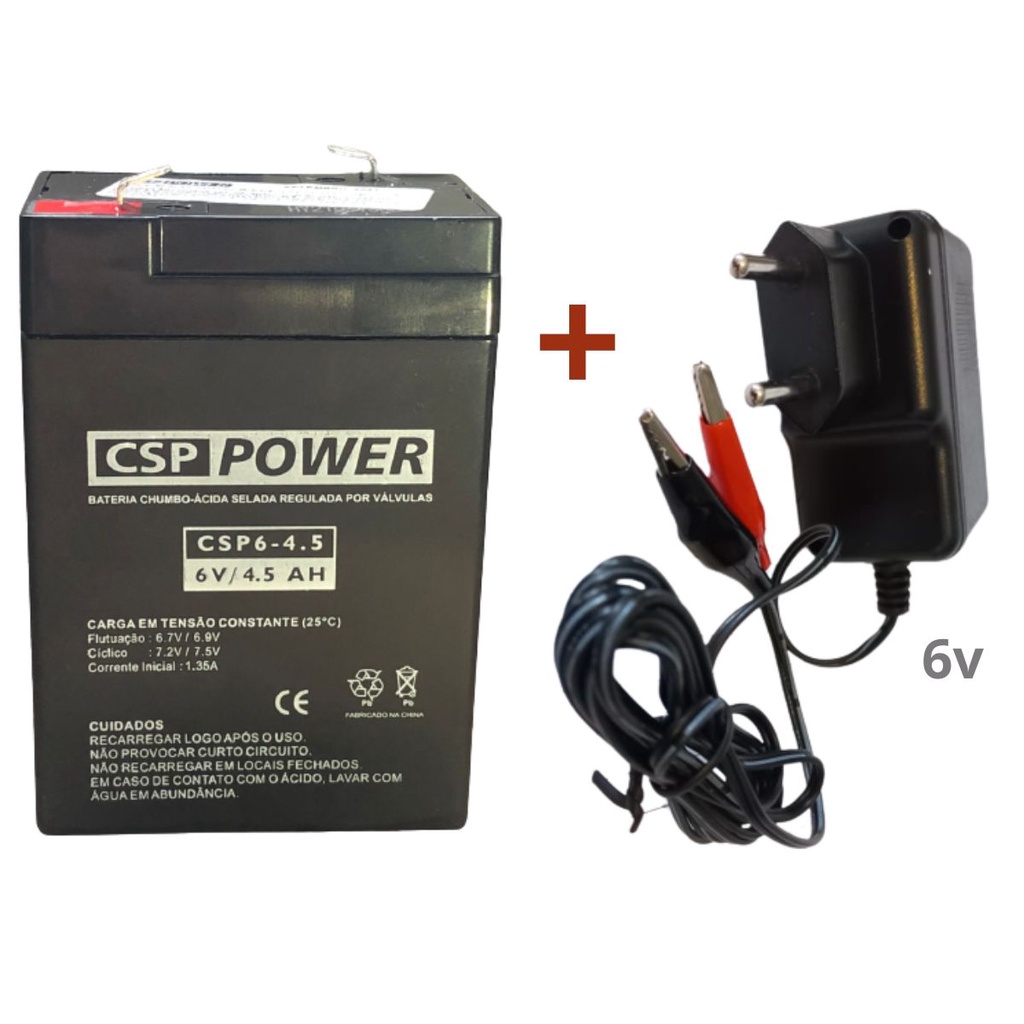 Kit Bateria 6V 4,5ah + Carregador 6V 800MA - Garra Jacaré