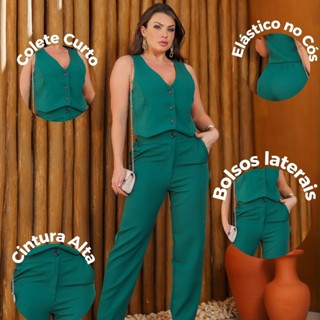 Calça Feminina Alfaiataria Plus Size Social Com Bolsos
