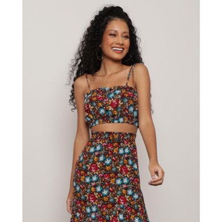 Regata Feminina Cropped com Alcinha Floral Preta