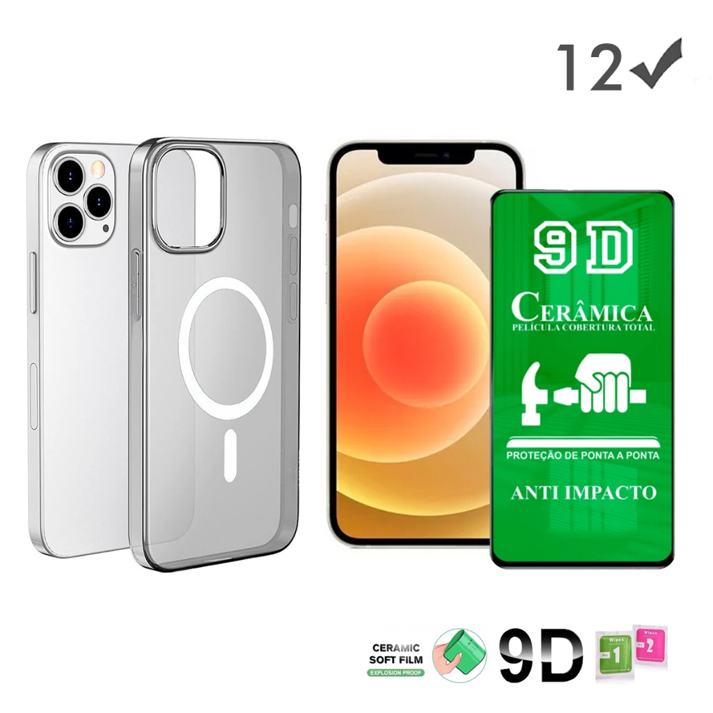 Capa Magnética e Película de Vidro 9D Cerâmica para iPhone 12 Carregamento por Indução