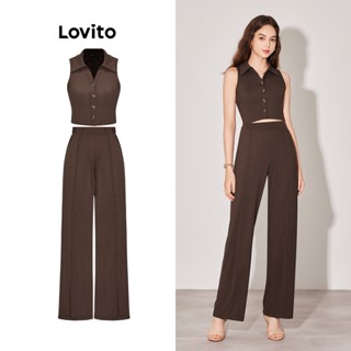 Lovito Conjunto de Calças com Cintura Alta e Botões na Frente para Mulheres L59ED100 (Marrom)