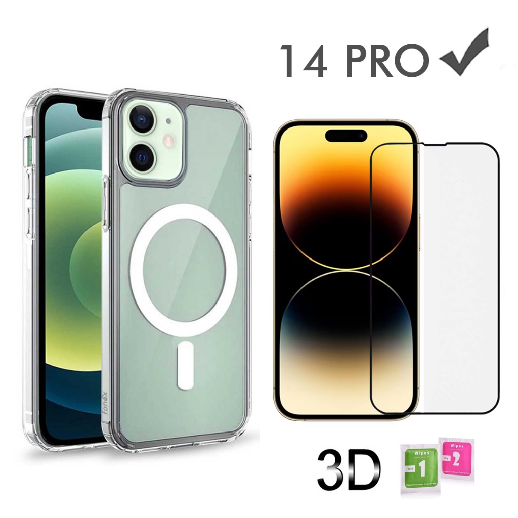 Kit Capa Transparente Magnética e Película de Vidro 3D para iPhone 14 PRO carregamento por indução