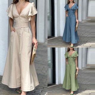 vestido longo com manga bufante conjunto alfaiataria feminino elegante cor sólida sexy com decote em V blusa temperamental (24805)