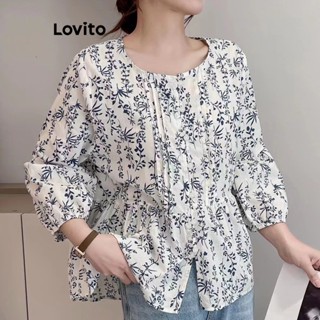 Lovito Blusa com Estampa Floral Delicada e Babados para Mulheres LNE21201 (Multicolorido)