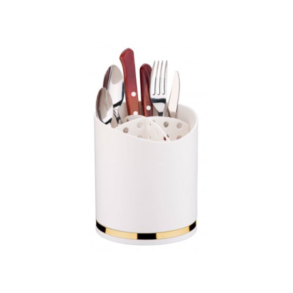 Porta Utensílios Em Plástico Eleganza 13x15cm Future Branco e Dourado