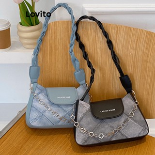 Lovito Bolsa De Ombro Pequena Casual Com Corrente Argyle Para Mulheres LNA32083 (Azul Preto)