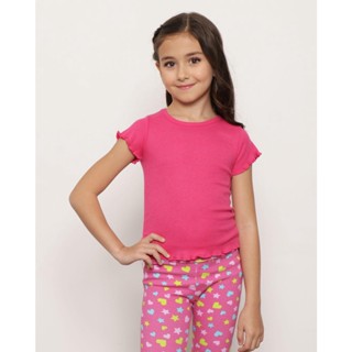 Blusa Infantil Manga Curta Frufru Canelada Rosa