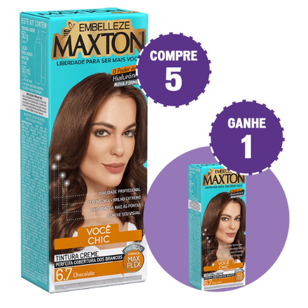 KIT COMPRE 5 TINTA DE CABELO MAXTON MORENA +CHIC CHOCOLATE 6.7 E GANHE 1