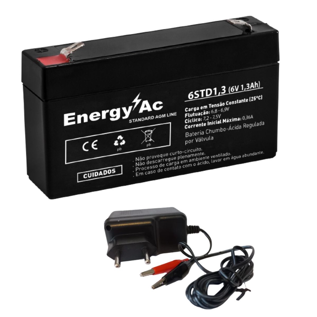 Kit Bateria 6V 1,3ah + Carregador 6V 800MA - Garra Jacaré
