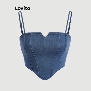 Lovito Casual Blusa Jeans Feminina Sem Manga com Zíper L64AD083 (Azul)