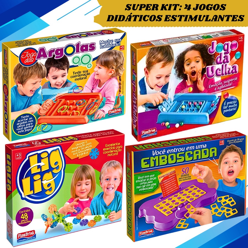 Kit 4 Jogos Infantis Pedagogicos Argolas Lig Lig Emboscada Jogo da Velha Brinquedos Infantil Presente Aniversário Natal Dia das Crianças