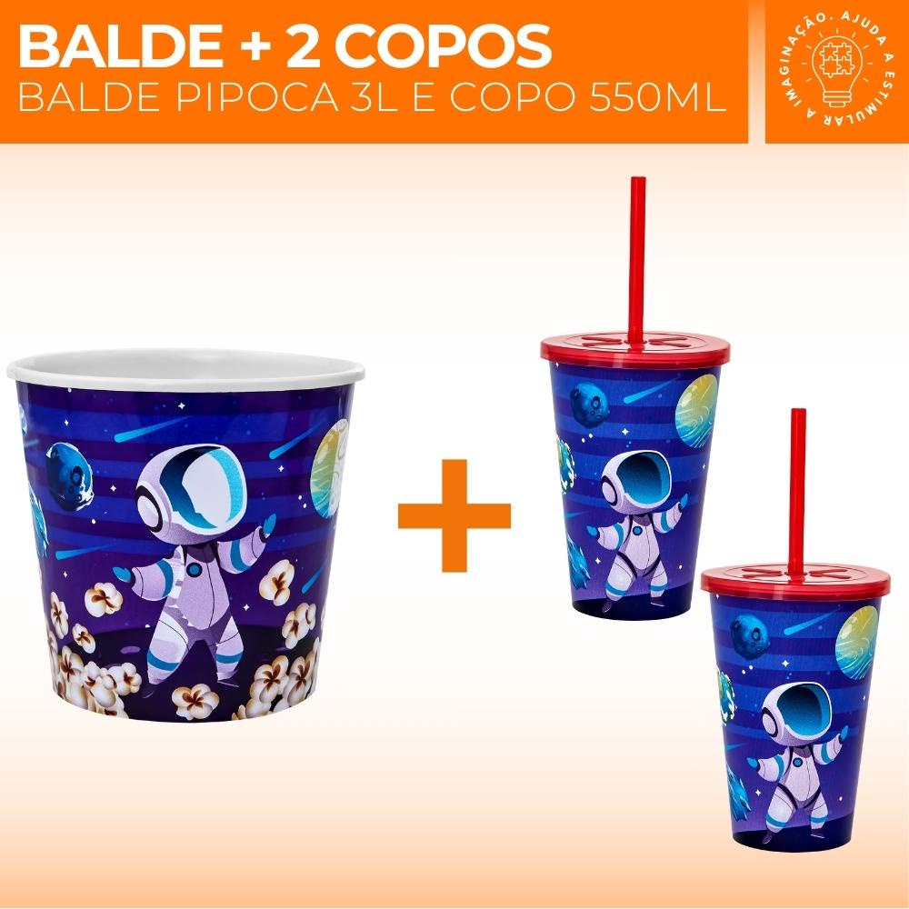 Balde de Pipoca 3L + 02 Copo 550ml Com Tampa Reta Canudo