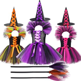 Vestido De halloween Para Menina , Fantasia De Bruxa Com tutu , Festa , Vassoura E Chapéu
