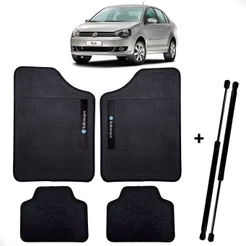 Tapete Automotivo 4 Peças Bordado Volkswagen + Par de Amortecedor Porta Malas Carro Polo Sedan