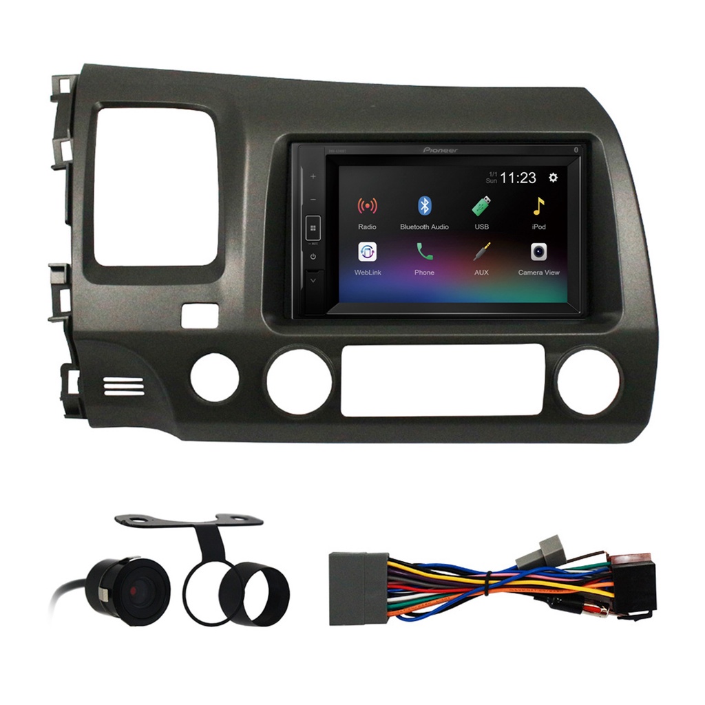Kit Multimídia Pioneer 2 Din New Civic 2007 2008 09 2010 2011 6,2 Pol DMH-A248BT Moldura Grafite Espelhamento Camera Ré