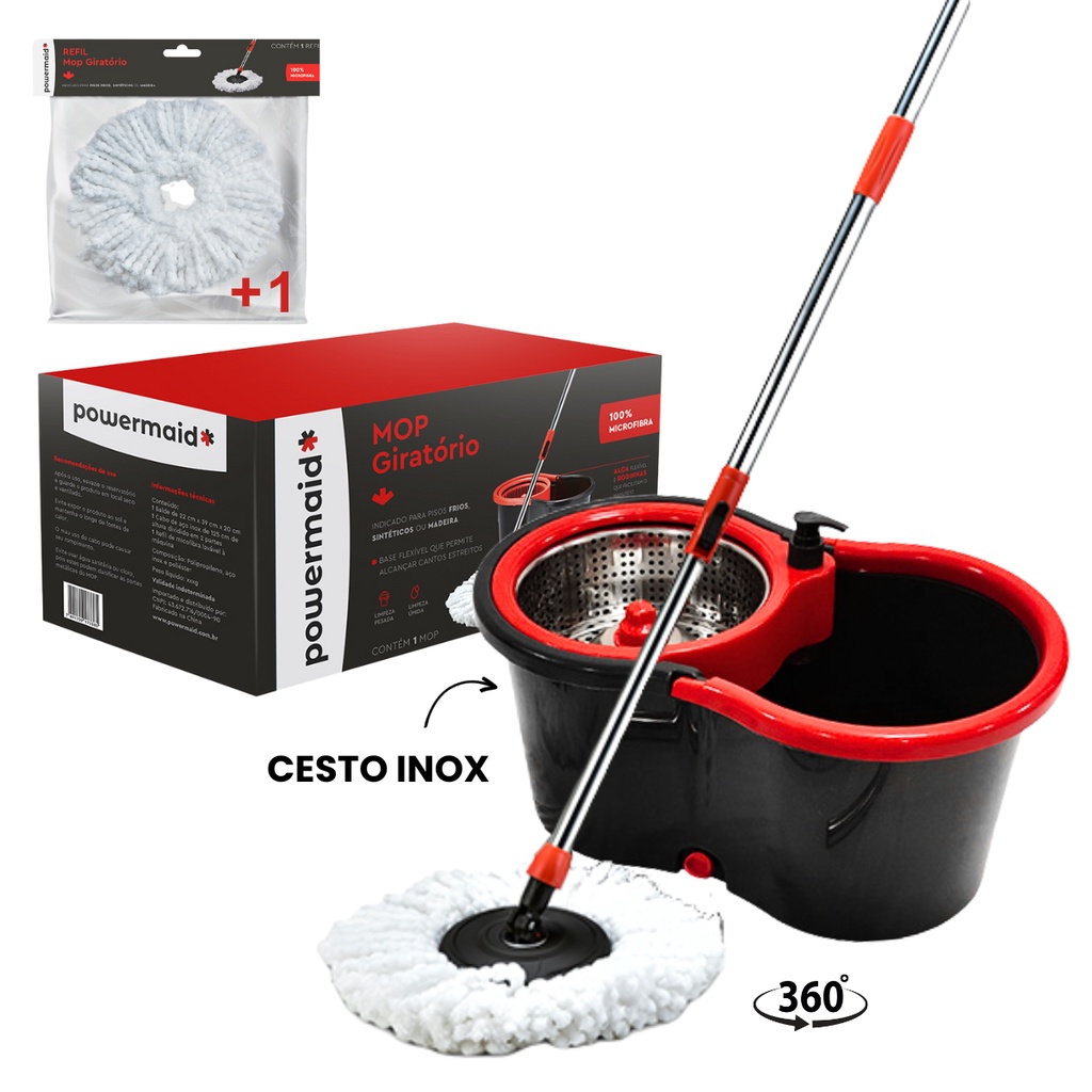 Mop Giratório Cesto Inox + Refil Limpeza Balde Esfregão 360