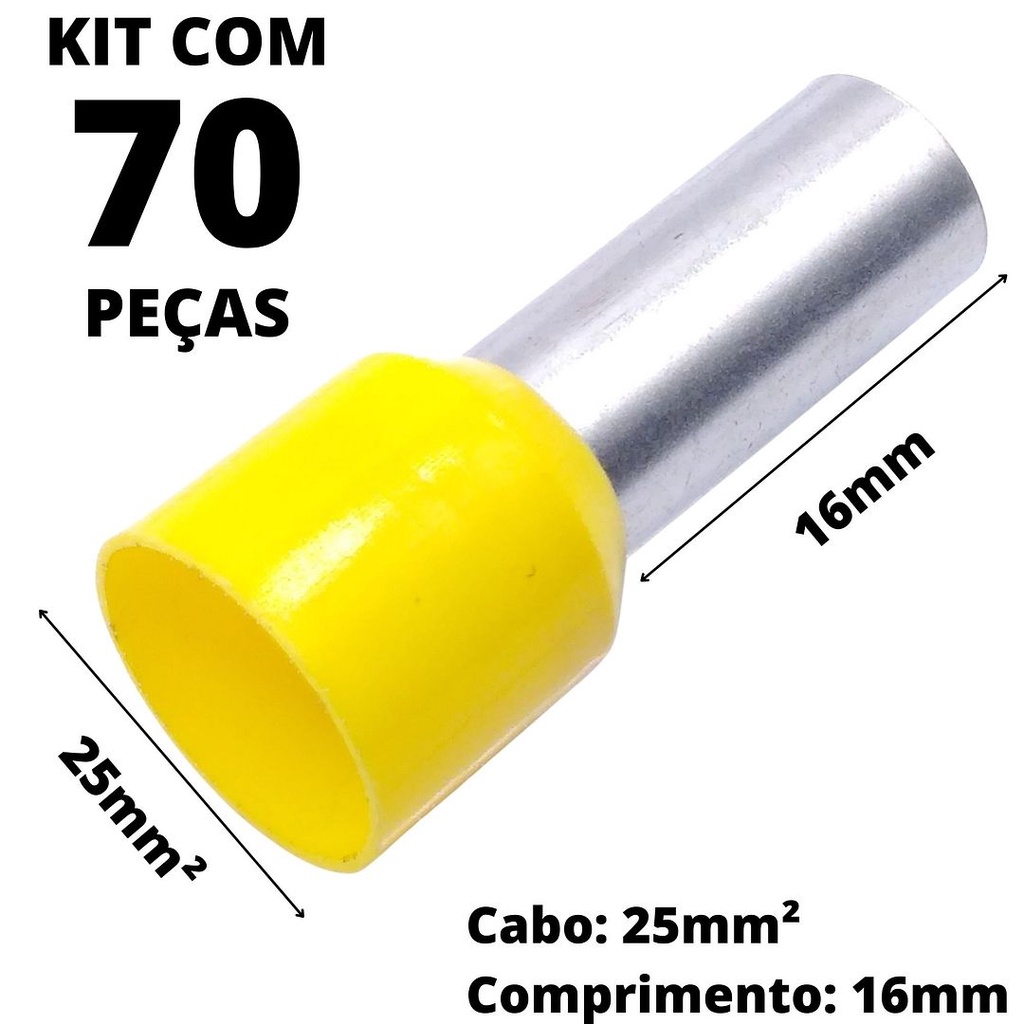 70un Terminal Tubular Ilhós Pré-isolado Simples Para Cabo de 25mm² Metal 16mm Amarelo E25-16