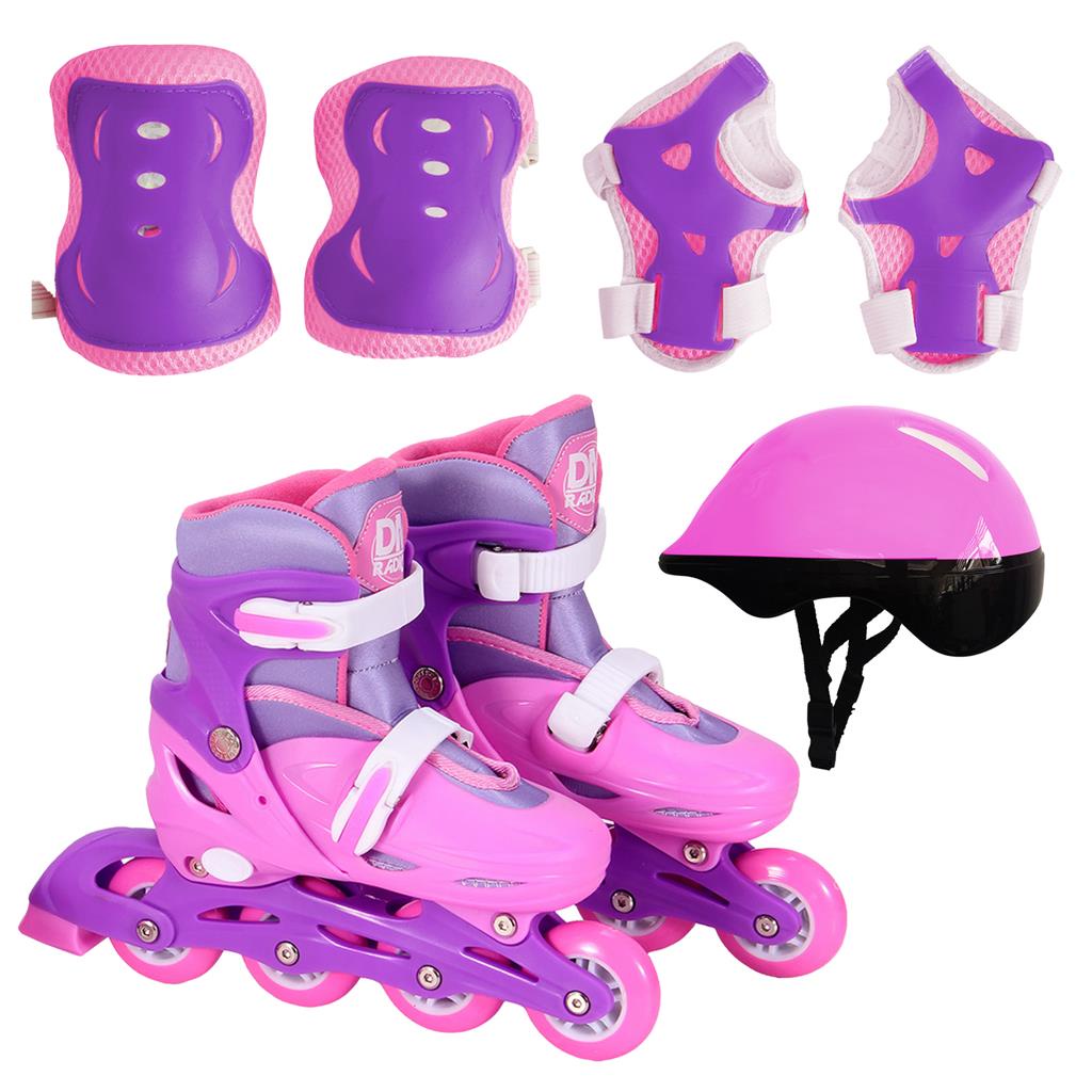 Patins Infantil Ajustavel Com Protecao Rosa Menina Ate 80kg Radical Com Acessorios - Dm Toys