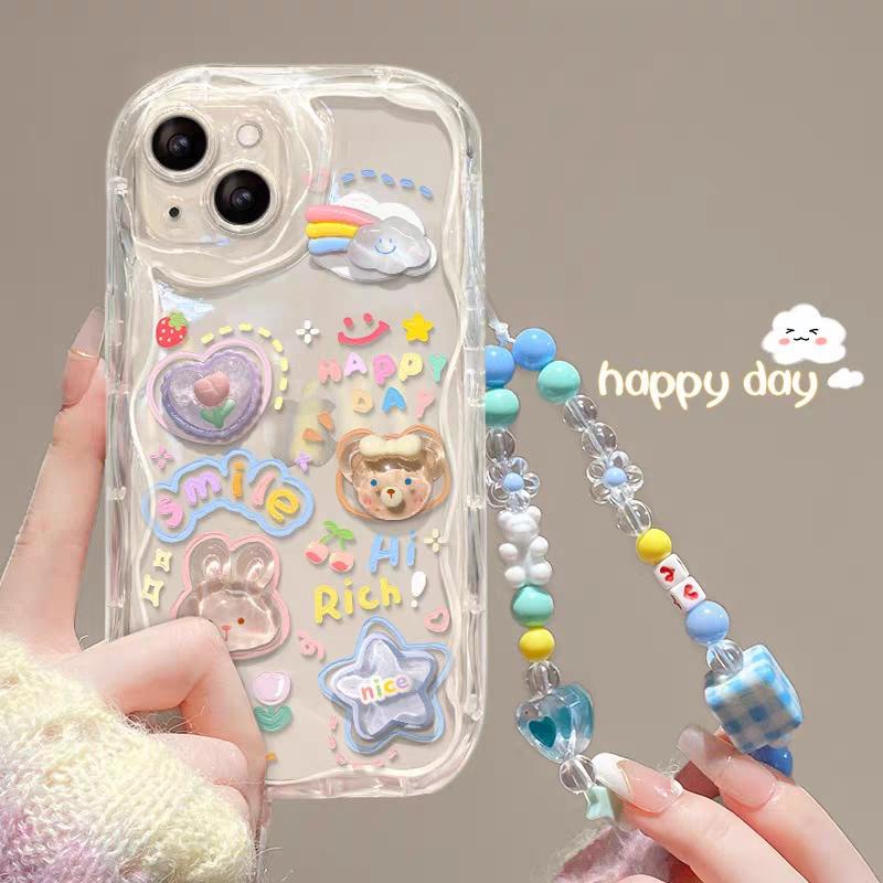Coreano 3D Bear Rabbit Flower Phone Chain Lanyard Caixa De Cordão Para IPhone 14 Pro Max 6 6S 7 8 Mais Bracelete De Flor Fofa INS Case