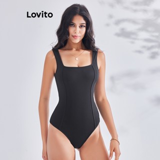 Lovito Body Básico com Estrutura de Linhas em Tricô para Mulheres LBE03024 (Preto)
