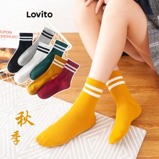 Lovito Casual Meias Femininas Listradas Básicas LNA24066 (Laranja/Branco/Preto)