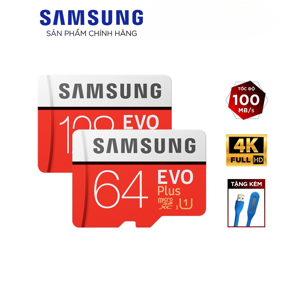 Cartão Samsung Evo Plus microSD 32GB/64GB/128GB , Velocidade Até 100MB/s , Com Adaptador (3 Anos De Garantia) E LED USB