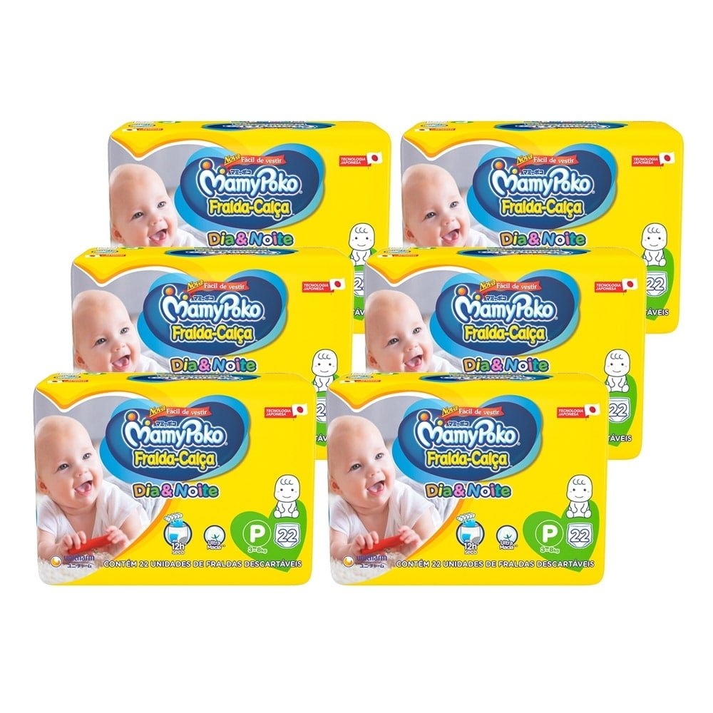 Fralda Descartável MamyPoko Calça Dia & Noite Tamanho P - 6 Pacotes com 22 Fraldas - Total 132 Tiras em Oferta na Shopee