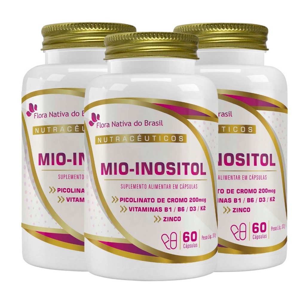 Kit 3 Mio Inositol + Picolinato Cromo + Zinco Vitamina B1 B6 D3 K2 60 Caps Flora Nativa