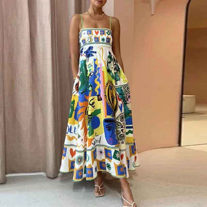Sem mangas, sem gola, com estampa de cintura alta pintada vestido feminino com grande esti...
