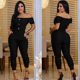 Macacão Feminino Decote Botões Bolso Detalhe Ombro Blogueira