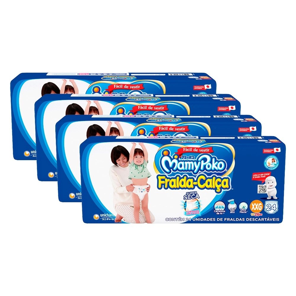 Fralda Descartável MamyPoko Calça Jumbo Tamanho XXG - 4 Pacotes com 24 Fraldas - Total 96 Tiras