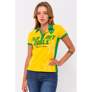Polo Feminina Piquet Collection Brasil Planet Girls Amarelo Médio