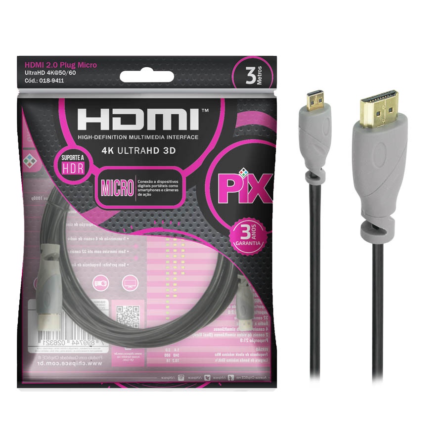 Cabo Micro Hdmi X Hdmi 4k 60hz/2160p 3d Ultrahd 3 metros