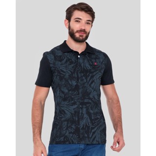 Polo Masculino Estampa Folhagem Preta