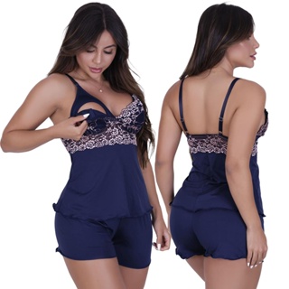 Short Doll Sofia de Amamentação de Microfibra Light e Renda Bicolor Feminino em Oferta na Shopee