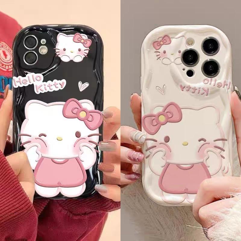 INS Cartoon Cute Hello Kitty Cat Casing For IPhone 12 13 Pro Max Mini Moda Estereoscópico Creme De Onda À Prova De Choque