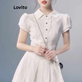 Lovito Vestido com Botões Simples e Zíper Plissado para Mulheres LNE16133 (Branco)
