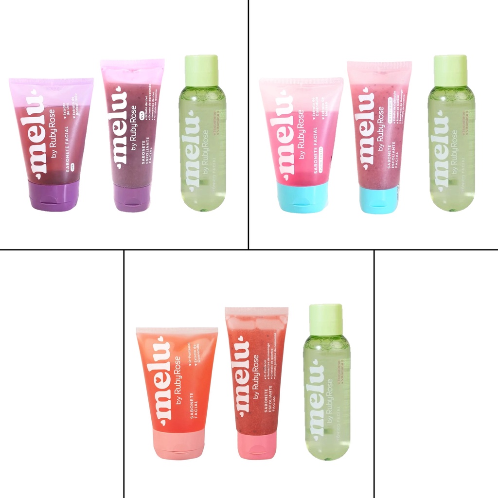 Kit Tônico Facial + Sabonete Facial + Sabonete esfoliante Melu by Ruby Rose