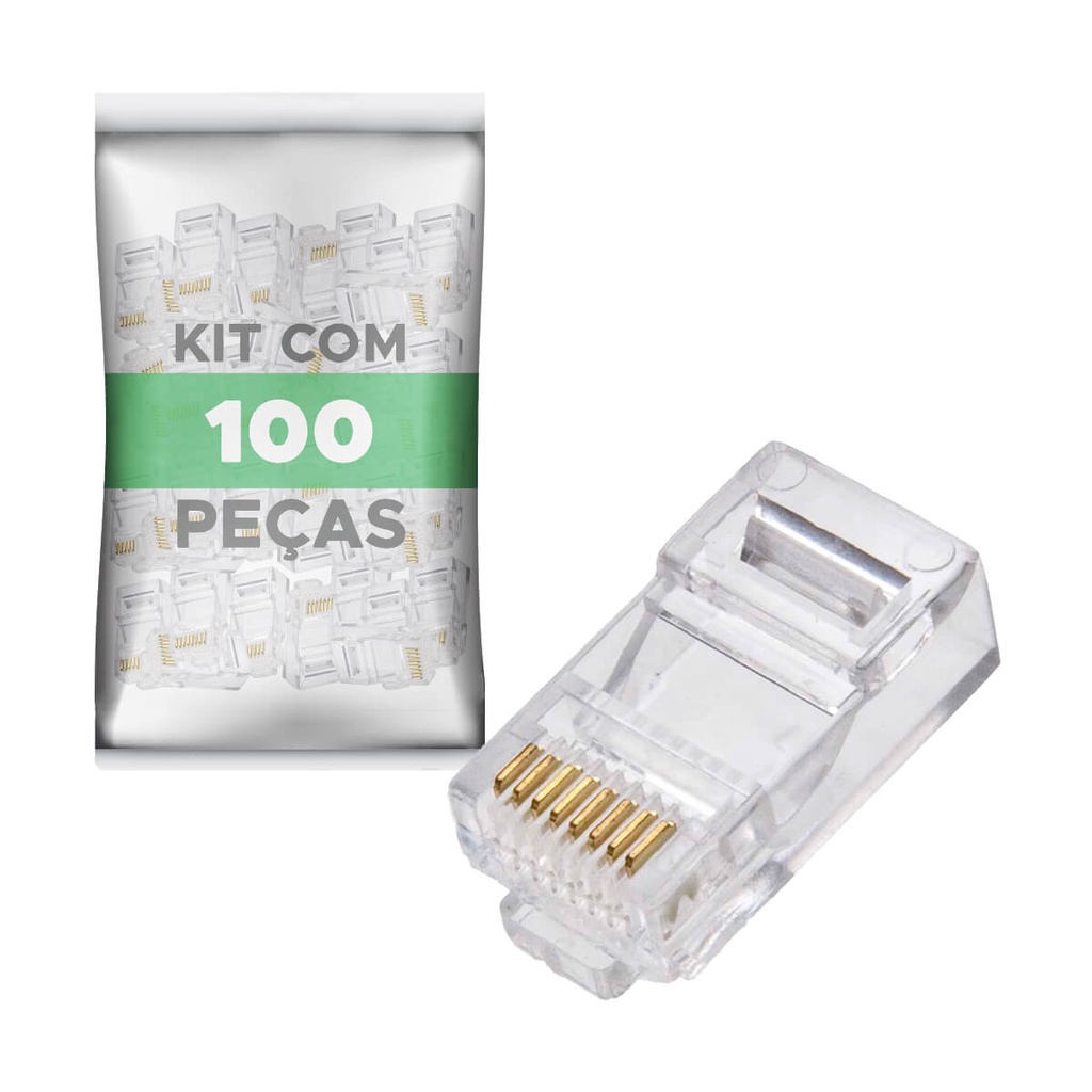 Kit 100 Conector Rj45 Utp Cat5e Banho De Ouro Cabo De Rede